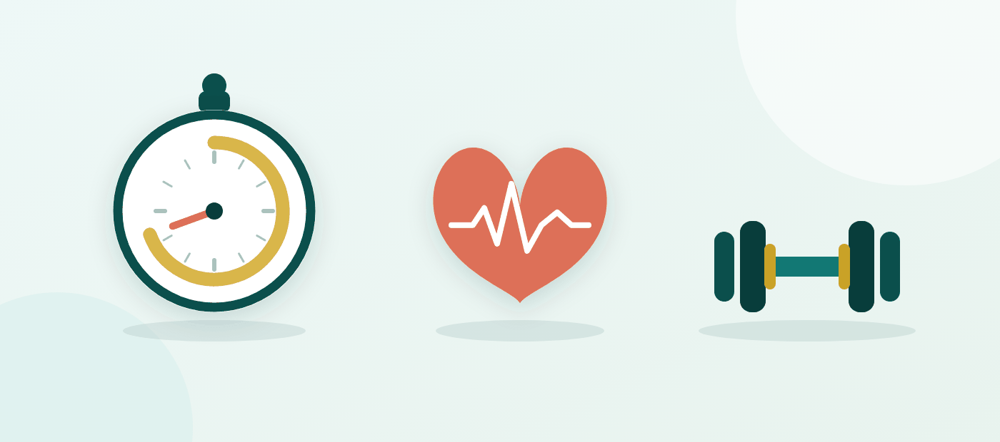 Illustration: a stopwatch, a heart with an electrocardiogram trace across it, and a dumbbell.