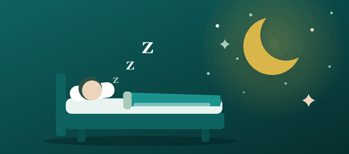 Illustration: a person asleep in bed under a crescent moon and stars.